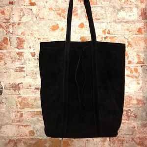 Street Level Black Suede Tote Bag with Drawstring